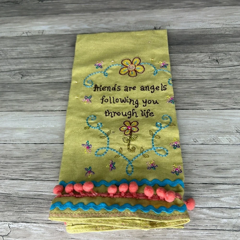 Natural Life Linen Tea Dish Towel Embroidered Boho Friends Are Angels‎ Gift